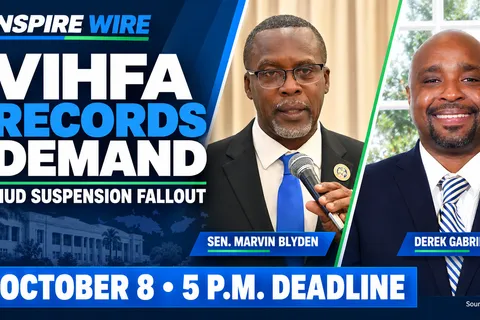 NSPIRE Wire graphic featuring Senator Marvin Blyden and VIHFA Executive Director Derek Gabriel, highlighting the October 8, 5 p.m. records deadline.