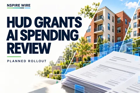 Editorial collage of apartment buildings, financial documents and blue digital lines with the words HUD Grants AI Spending Review.