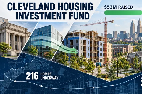 Affordable housing construction and neighborhood homes in Cleveland with graphics showing $53 million raised toward a $100 million goal, 216 homes underway and a target of up to 3,000 homes.