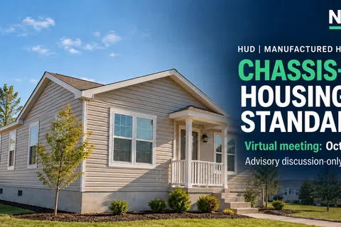 Single-story home beside NSPIRE Wire text announcing HUD’s October 27–28 virtual meeting on chassis-free housing standards.