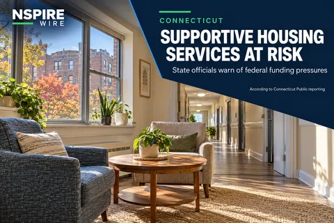 Sunlit seating area beside a residential hallway, with NSPIRE Wire text highlighting Connecticut officials' warning about supportive housing services.