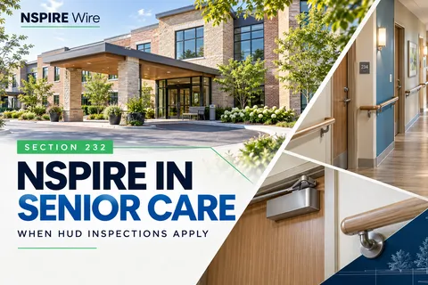 A senior-care building and empty corridor with handrails appear in a layered illustration titled “NSPIRE in Senior Care: When HUD Inspections Apply.”