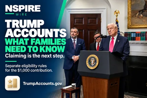 NSPIRE Wire graphic featuring President Trump at a White House podium beside “Trump Accounts: What Families Need to Know.”