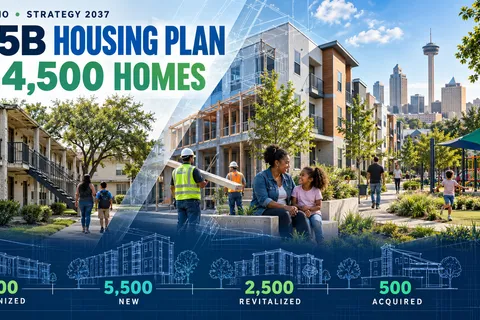 Aging San Antonio public housing transitions into renovated and newly constructed apartments beside figures showing a $2.5 billion plan for 14,500 homes.