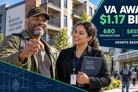A Veteran holds apartment keys beside a housing case manager outside an apartment community, with graphics showing $1.17 billion awarded to 680 organizations.
