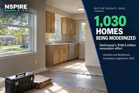 Apartment kitchen undergoing renovation, with protected cabinets, floor coverings and a toolbox beside NSPIRE Wire text highlighting OneCanopi's 1,030-home modernization effort.
