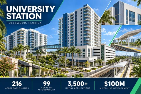 A people-free editorial image of a mixed-use South Florida housing development with residential towers, a pedestrian bridge, parking, retail and a future rail platform, accompanied by University Station’s principal development figures.