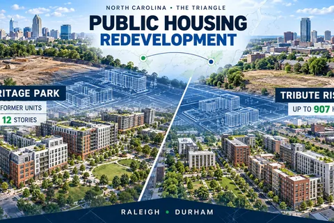 Architectural concepts show Raleigh’s former 122-unit Heritage Park site and Durham’s proposed 907-home Tribute Rising development connected across North Carolina’s Triangle.