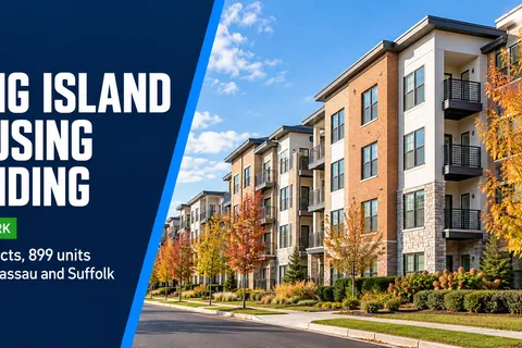 Navy banner reading 'Long Island Housing Funding' with a green 'New York' tag beside modern brick apartment buildings with balconies and autumn landscaping