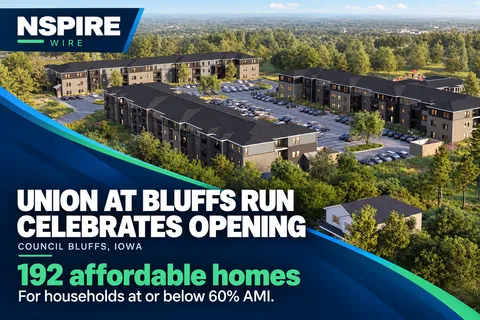 NSPIRE Wire graphic featuring aerial project imagery of Union at Bluffs Run and highlighting its opening with 192 affordable apartments.