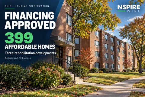 Brick apartment buildings framed by autumn trees, with NSPIRE Wire text highlighting financing approval for 399 affordable homes in Toledo and Columbus.