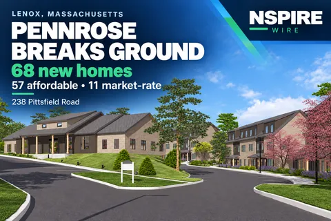 NSPIRE Wire graphic featuring a rendering of 238 Pittsfield Road in Lenox, highlighting 68 planned homes: 57 affordable and 11 market-rate.