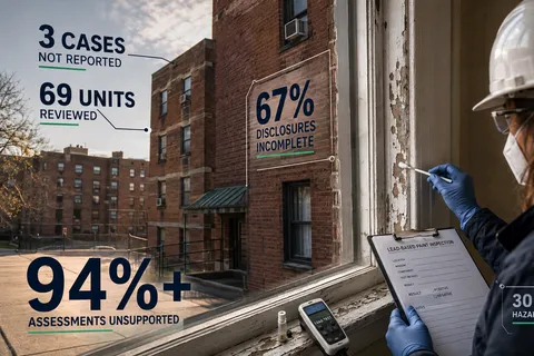 A housing inspector examines deteriorated paint around an apartment window as an older brick public housing development appears outside. Integrated navy, green and white graphics show three unreported cases, 69 units reviewed, unsupported assessments above 94 percent and incomplete disclosures near 67 percent.