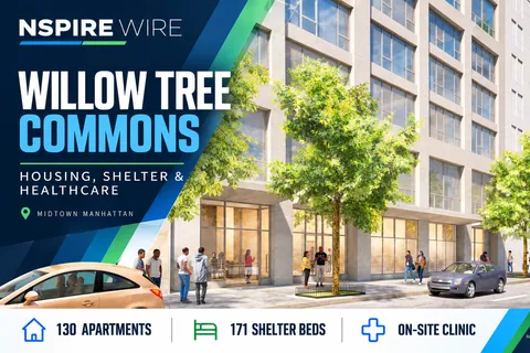 Willow Tree Commons architectural rendering in an NSPIRE Wire graphic highlighting 130 apartments, 171 shelter beds and an on-site clinic in Midtown Manhattan.
