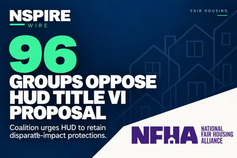 NSPIRE Wire graphic with NFHA’s logo and headline “96 groups oppose HUD Title VI proposal.”