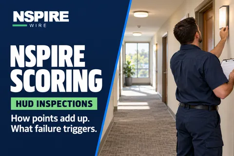 Apartment building hallway inspection, with an inspector checking a wall light fixture, illustrating how HUD NSPIRE scoring works.