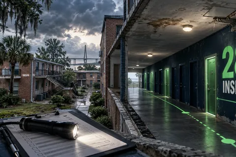 Charleston public-housing buildings beside a long apartment corridor where only some doors are illuminated, with a green inspection route and the words 28% inspected.