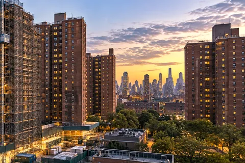 Illustrated banner: NYCHA $636 million PACT deal, largest public housing rehabilitation in US history — Manhattan towers under renovation