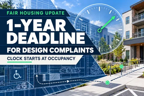 A one-year clock overlays accessibility blueprints and the accessible entrance of a multifamily building beneath a Fair Housing deadline headline.