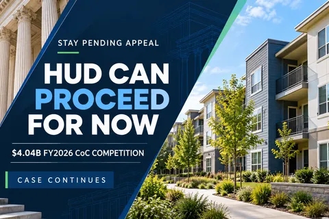 Courthouse columns and apartment buildings frame the headline “HUD Can Proceed for Now,” with a note that the appeal continues.