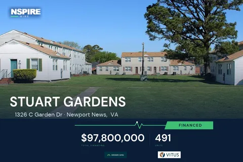 Stuart Gardens affordable housing community in Newport News, Virginia, in an NSPIRE Wire deal graphic showing $97.8 million total financing and 491 units, with Merchants Capital and Vitus logos.